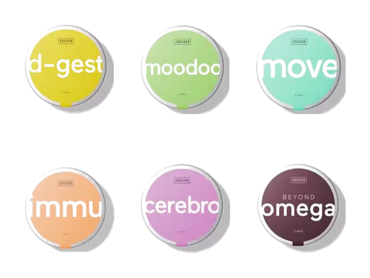 Six RINGANA supplement tins in different colors arranged in a grid on white